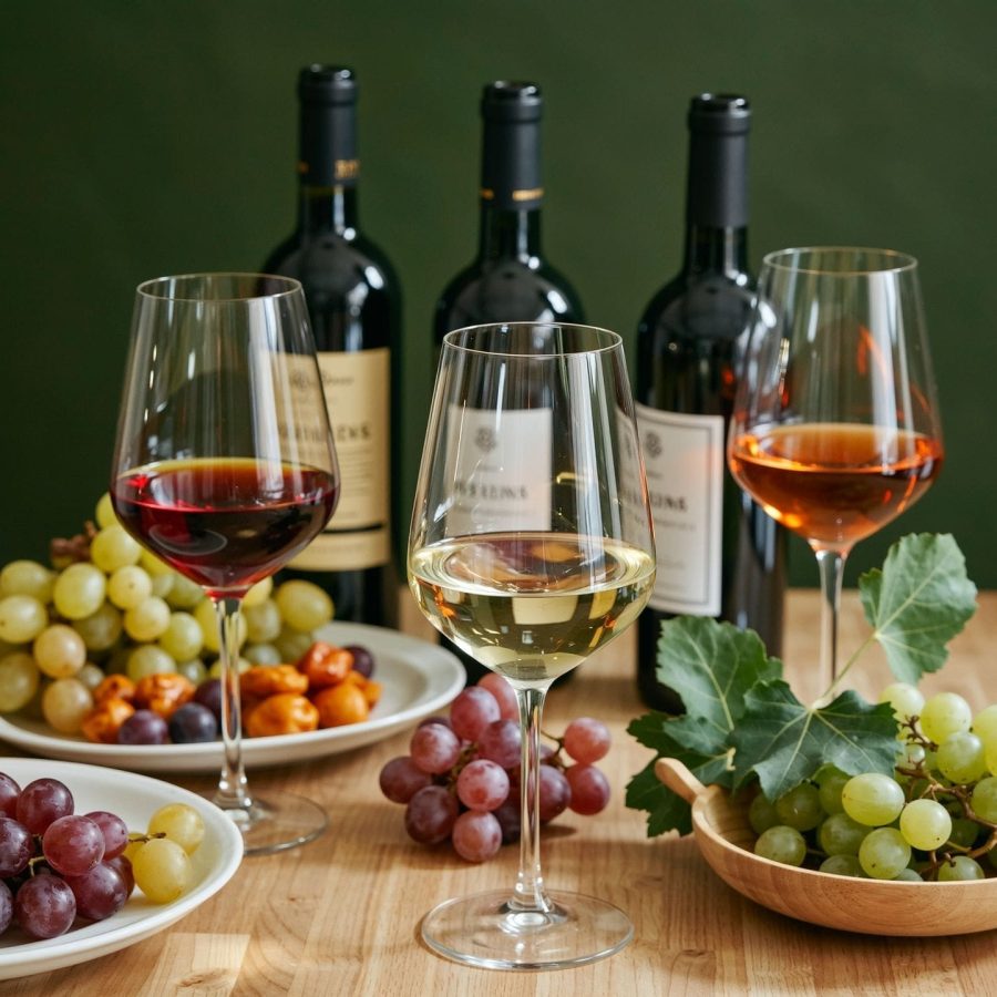 Rosé, rode en witte wijn op tafel met druiven wijnproeverij Almelo