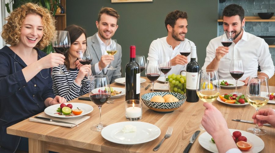 Groep vrienden wijnproeverij met rode en witte wijn thuis