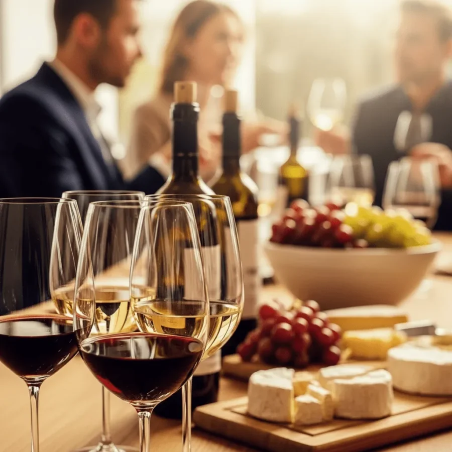 Wijnproeverij in Almelo, wijnglazen met rode wijn op tafel met borrelhapjes en personen op de achtergrond